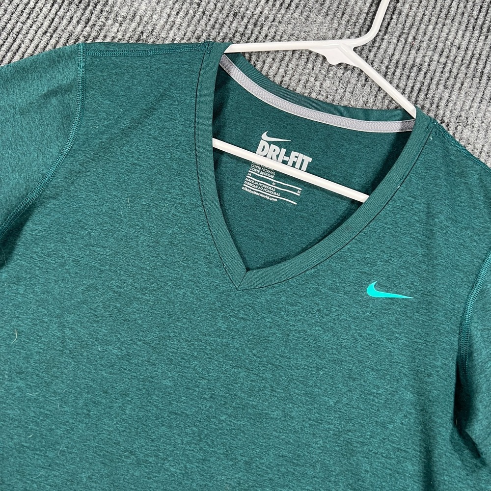 Nike Dri Fit Shirt Womens Medium Teal Green V Neck Short Sleeve Athletic Workout